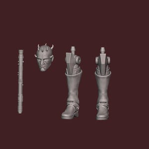 Könnte beinhalten: Ein grauer 3D-gedruckter Modellbausatz bestehend aus einem Lichtschwertgriff, einem gehörnten humanoiden Kopf und zwei Roboterbeinen mit Stiefeln. Die Bauteile sind separat, unbemalt und zeigen detaillierte mechanische und gesichtliche Strukturen.