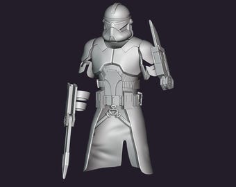 May include: A gray, three-dimensional model of a futuristic soldier, featuring a helmet, armor, and weapon. The figure is depicted in a standing pose, with detailed design elements and a sleek, modern aesthetic. The model is set against a dark background.
