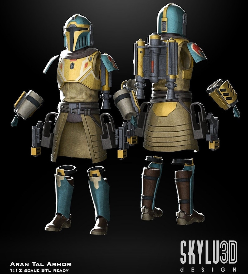 May include: A disassembled 3D printed model of a Mandalorian warrior's armor, featuring a blue and gold color scheme. The armor is in 1:12 scale and is STL ready. The image includes the text "Aran Tal Armor 1:12 Scale STL Ready" and "SKYLU3D DESIGN".