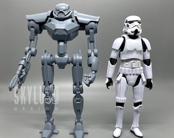 May include: A gray robot action figure standing next to a white stormtrooper action figure. Both figures are posed in a standing position.