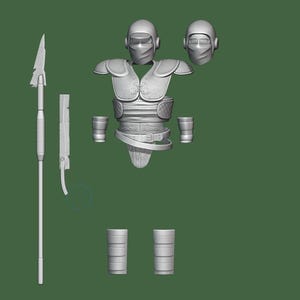May include: A set of grey plastic armour pieces for a miniature figure. The set includes a helmet, chest plate, shoulder pads, arm guards, and a spear.