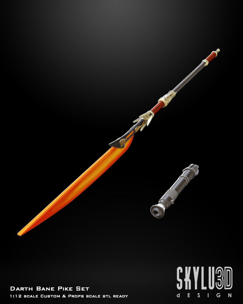 May include: A 3D printed Darth Bane Pike set, featuring a long, orange-bladed pike with a black and gold handle, and a black lightsaber. The set is 1:12 scale and is STL ready. The image includes the text "Darth Bane Pike Set 1:12 Scale Custom & Props Scale STL Ready" and "SKYLU3D DESIGN".