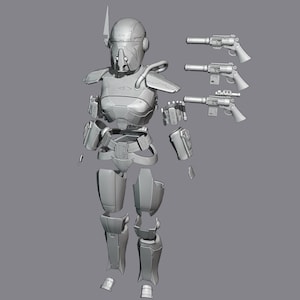 Peut inclure: Un ensemble d'armure futuriste grise d&eacute;mont&eacute;e, comprenant un casque, des &eacute;paulettes, une pi&egrave;ce de poitrine, une ceinture, une armure de jambe et des &eacute;tuis. Trois pistolets gris sont &eacute;galement inclus, sugg&eacute;rant un th&egrave;me de science-fiction ou de cosplay.