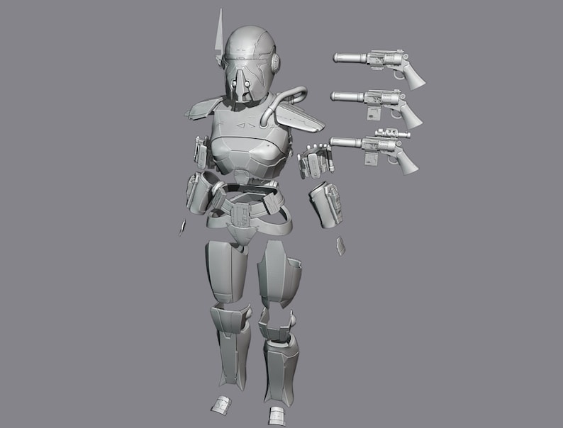 Peut inclure: Un ensemble d'armure futuriste grise d&eacute;mont&eacute;e, comprenant un casque, des &eacute;paulettes, une pi&egrave;ce de poitrine, une ceinture, une armure de jambe et des &eacute;tuis. Trois pistolets gris sont &eacute;galement inclus, sugg&eacute;rant un th&egrave;me de science-fiction ou de cosplay.