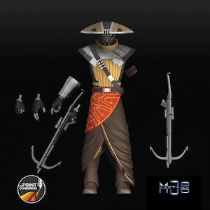 Pu&ograve; includere: Una action figure di Star Wars stampata in 3D, un umanoide dalla pelle verde con un cappello a larghe falde, che indossa un abito giallo e marrone con una fascia rossa. La figura tiene un'arma con un gancio all'estremit&agrave;. La figura &egrave; in pezzi, con le braccia, le gambe e la testa separate dal corpo. La figura &egrave; su uno sfondo nero.