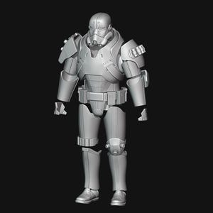 Könnte beinhalten: Ein grauer, futuristischer Anzug mit Helm, Schulterpolstern und Beinpanzerung. Der Anzug hat ein detailliertes Design mit verschiedenen Paneelen und Aufsätzen, was auf ein High-Tech- oder Science-Fiction-Thema hindeutet. Die Gesamtästhetik ist schlank und imposant.