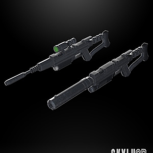 Könnte beinhalten: Zwei schwarze, futuristisch aussehende Schusswaffen, eine mit Zielfernrohr und die andere mit Schalldämpfer, vor schwarzem Hintergrund. Der Text "REALISTIC FIREPUNCHER SET" und "SKYLU3D DESIGN" ist sichtbar.
