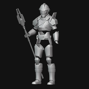 May include: A gray, futuristic-looking armored figure with a helmet, shoulder pads, and leg armor, holding a spear-like weapon. The figure is standing against a black background, showcasing a detailed design.