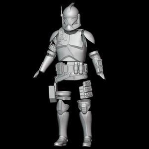 Könnte beinhalten: Ein graues, zerlegtes Clone Trooper Rüstungsset. Das Set beinhaltet einen Helm, eine Brustpanzerung, Arm- und Beinteile sowie einen Werkzeuggürtel mit Taschen. Die Rüstung ist mit detaillierten Paneelen und Gelenken versehen und vor schwarzem Hintergrund platziert.