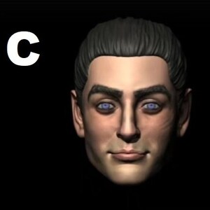 May include: A 3D rendered image of a man's face with short black hair and blue eyes. The man is looking directly at the camera with a slight smile.