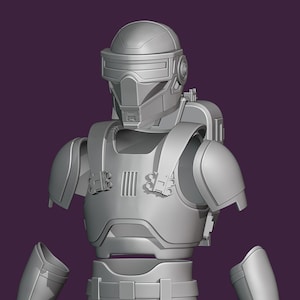 May include: A gray 3D printed model of a character wearing a helmet and armor. The character has a backpack and is posed with arms outstretched.