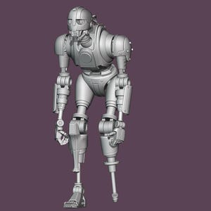 Könnte beinhalten: Eine graue, mechanische Roboterfigur mit detailliertem Design. Der Roboter hat einen runden Kopf, gegliederte Gliedmaßen und einen zylindrischen Torso. Die Figur steht auf einem lila Hintergrund. Das Design des Roboters deutet auf eine Vintage- oder Retro-Ästhetik hin.