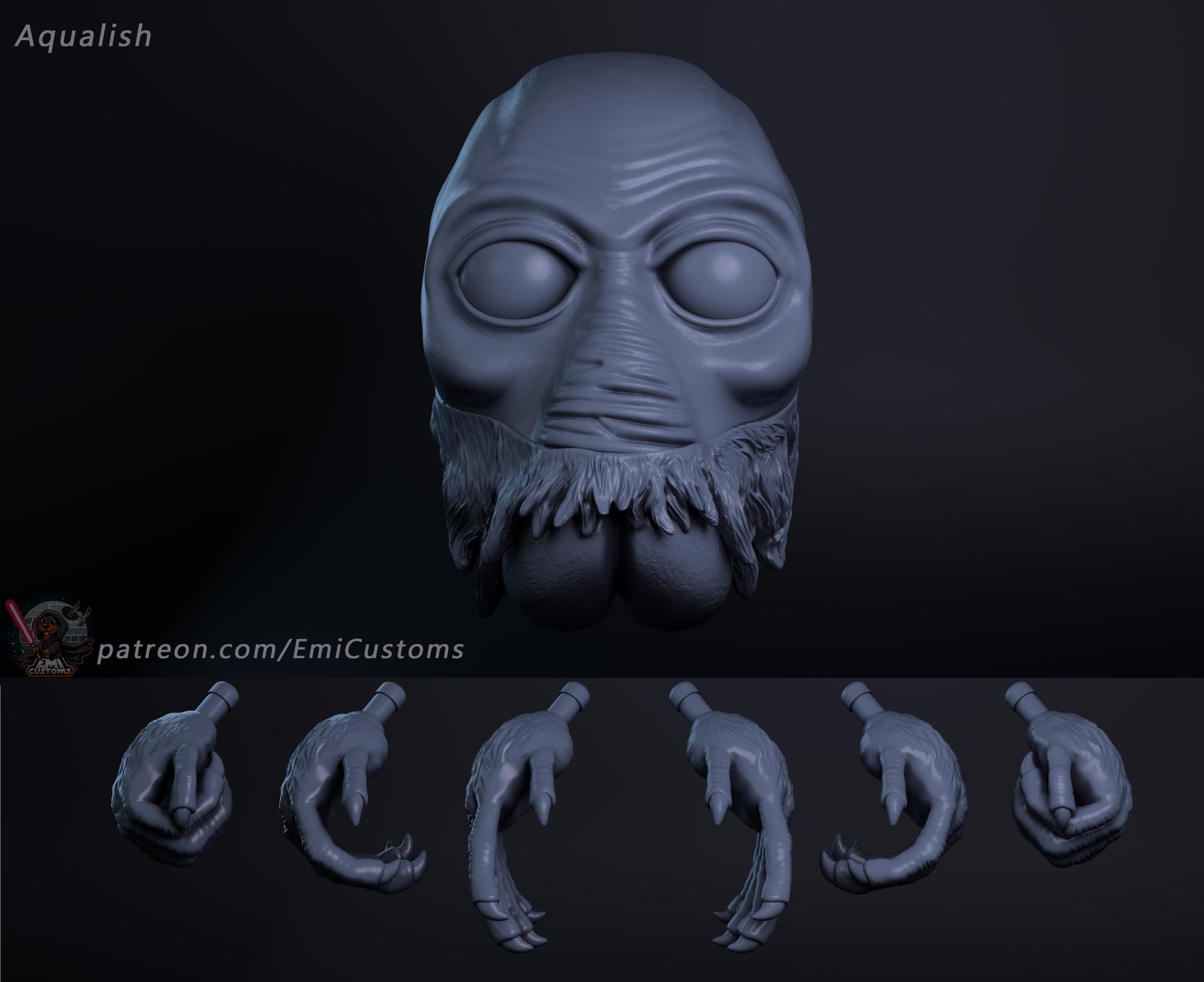 1:12/18/6 Aqualish Head + Hand Set Unpainted 3D Printed Unpainted