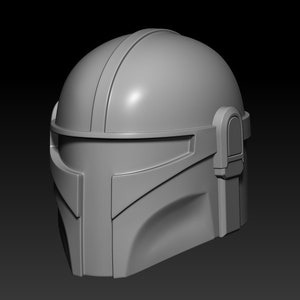 May include: A gray 3D model of a Mandalorian helmet. The helmet has a visor and a textured surface.