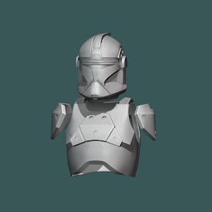 May include: A grey 3D printed model of a Star Wars clone trooper helmet and chest armour. The helmet has a visor and a design on the front. The armour has a detailed design with a chest plate and shoulder pads.