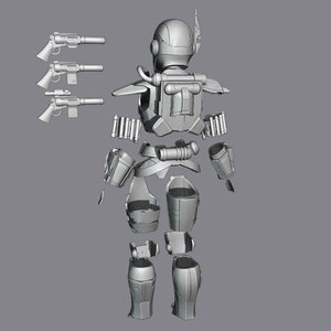 Peut inclure: Un ensemble d'armure futuriste gris d&eacute;mont&eacute;, comprenant un casque, un plastron, des composants de jambes et de bras, et trois blasters. L'armure semble &ecirc;tre faite d'un mat&eacute;riau dur et m&eacute;tallique, avec diverses fixations et d&eacute;tails.