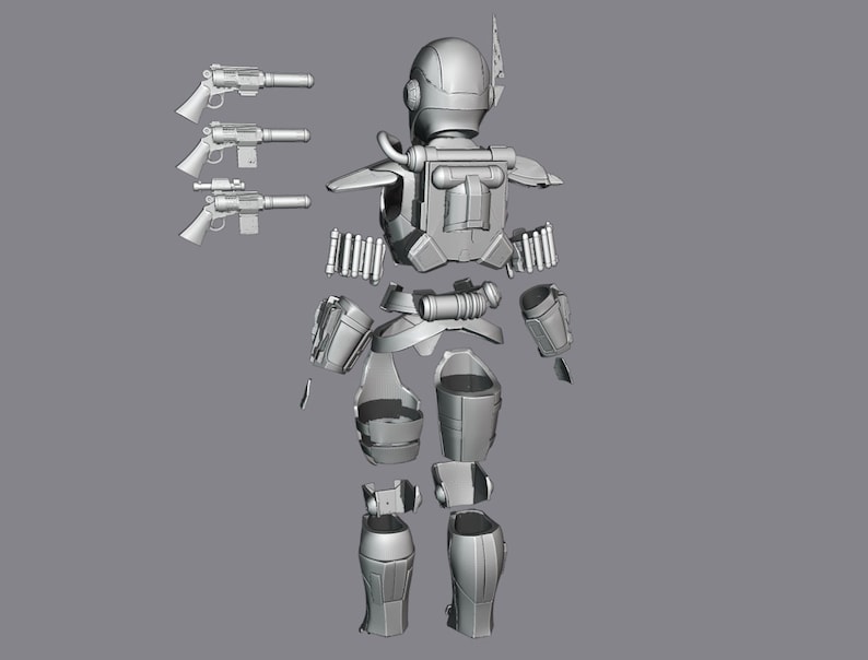 Peut inclure: Un ensemble d'armure futuriste gris d&eacute;mont&eacute;, comprenant un casque, un plastron, des composants de jambes et de bras, et trois blasters. L'armure semble &ecirc;tre faite d'un mat&eacute;riau dur et m&eacute;tallique, avec diverses fixations et d&eacute;tails.