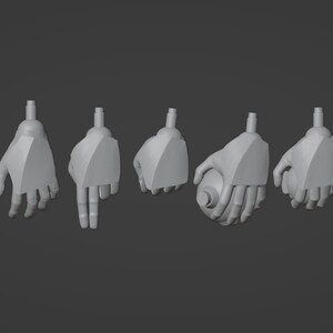 Pode incluir: Cinco vistas diferentes de um modelo de mão impresso em 3D, mostrando as vistas traseira, palma e lateral. A mão está em diferentes posições, incluindo segurando uma esfera.