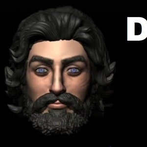 May include: A 3D rendering of a man's face with a beard and long black hair. The man has blue eyes and a serious expression.