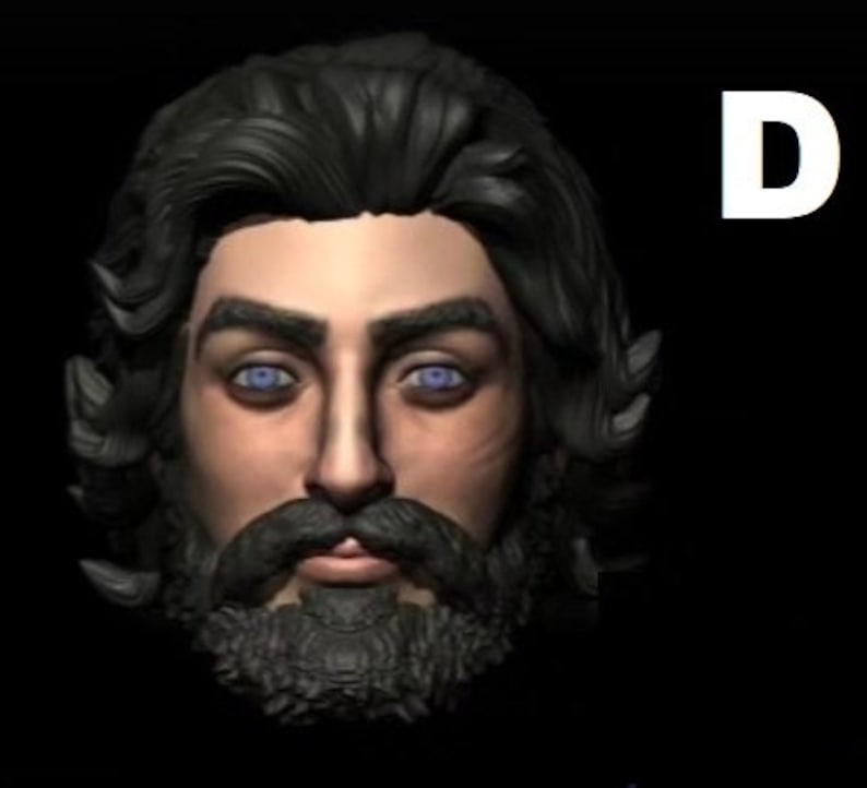 May include: A 3D rendering of a man's face with a beard and long black hair. The man has blue eyes and a serious expression.