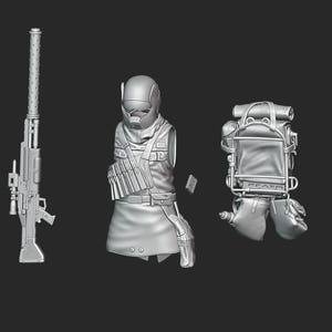 May include: A detailed 3D model set of a futuristic soldier, including a long-barreled rifle, a torso with tactical gear, and a backpack with attached gloves. The model is rendered in a monochromatic gray, set against a dark background.