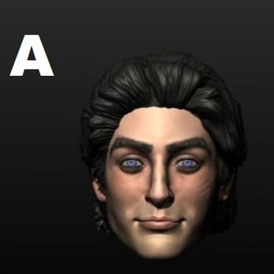 May include: A close-up of a sculpted human face with black hair, blue eyes, and a neutral expression.