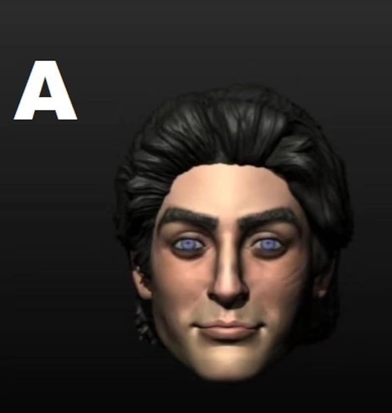 May include: A close-up of a sculpted human face with black hair, blue eyes, and a neutral expression.