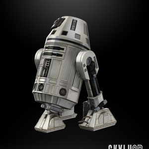 Könnte beinhalten: Ein 3D-gedrucktes Modell eines R2-D2-Astromech-Droiden in Weiß und Grau. Das Modell ist mit einem Bein nach vorne und dem anderen Bein nach hinten positioniert. Das Modell ist im Maßstab 1:12 und für die Artikulation vorbereitet. Das Modell wurde von Skylu3D entworfen.