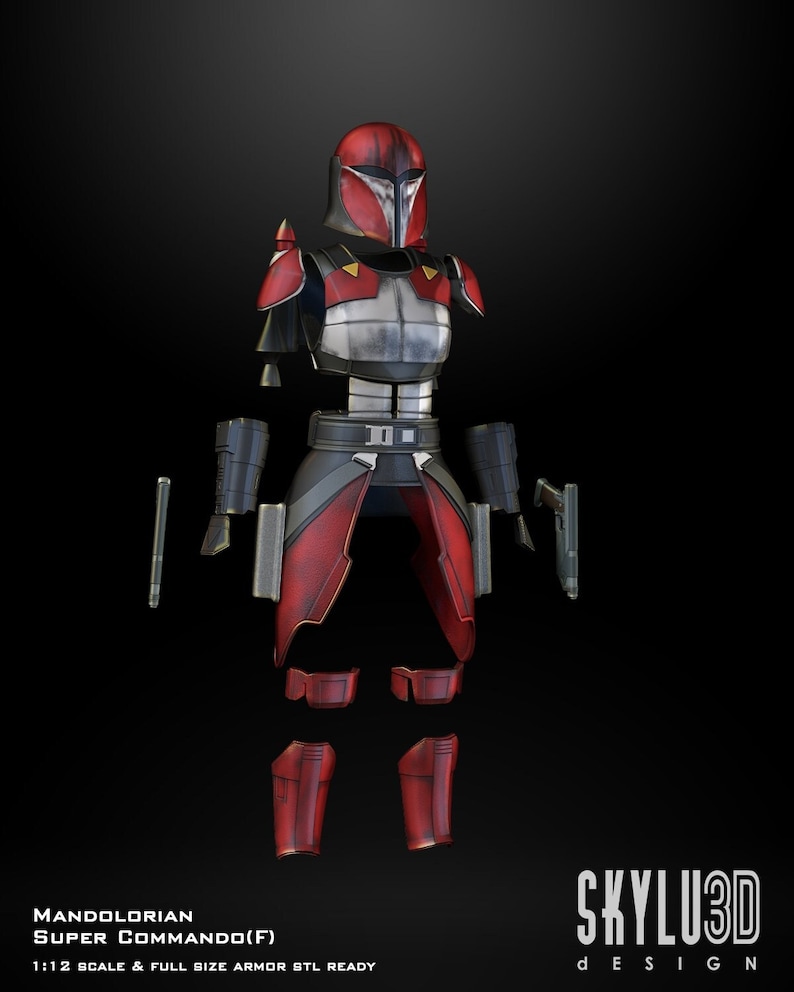 Może przedstawiać: Zdemontowany zestaw zbroi Mandalorian Super Commando w kolorze czerwonym i czarnym z białym hełmem. Zbroja jest w skali 1:12 i gotowa do druku 3D.