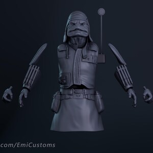 Puede incluir: Modelo 3D gris de un personaje Drabatan, con un busto detallado, brazos, manos y un rifle bláster. El personaje lleva un pañuelo en la cabeza, chaleco y cinturón con bolsillos. La imagen incluye el texto "Drabatan" y "patreon.com/EmiCustoms".