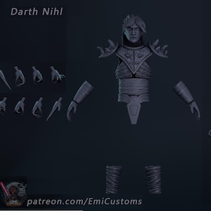 May include: A gray 3D-printed action figure of Darth Nihl, a character from Star Wars. The figure is disassembled, showing the head, torso, arms, legs, and various hand poses. A staff is also included. The text "Darth Nihl" and "patreon.com/EmiCustoms" are visible.