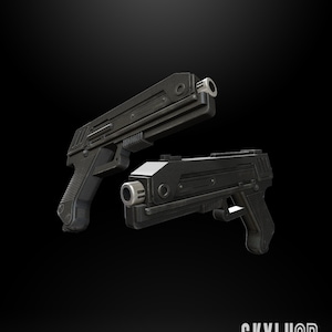 May include: A black DC17S pistol blaster, a sci-fi weapon, is shown in two different angles. The text "DC17S PISTOL BLASTER" and "1:12, 1:6 SCALE & PROPS SCALE STL READY" is visible below the weapon.
