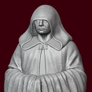 May include: A detailed 3D printed bust of a person wearing a hooded robe. The robe is textured and has a decorative clasp at the neck.