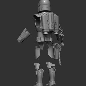 K&ouml;nnte beinhalten: Ein graues, zerlegtes Mandalorianer-R&uuml;stungsset, einschlie&szlig;lich Helm, Brustpanzer mit Jetpack, Armschutz, Beinpanzerung und Blasterpistole. Die R&uuml;stung ist mit mechanischen Elementen detailliert und vor grauem Hintergrund dargestellt.