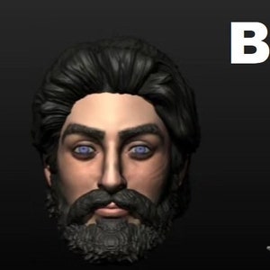 May include: A 3D rendered image of a man's face with a black beard and blue eyes. The face is rendered in a realistic style.
