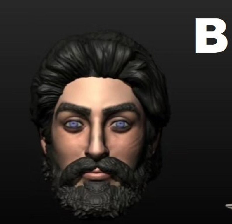 May include: A 3D rendered image of a man's face with a black beard and blue eyes. The face is rendered in a realistic style.