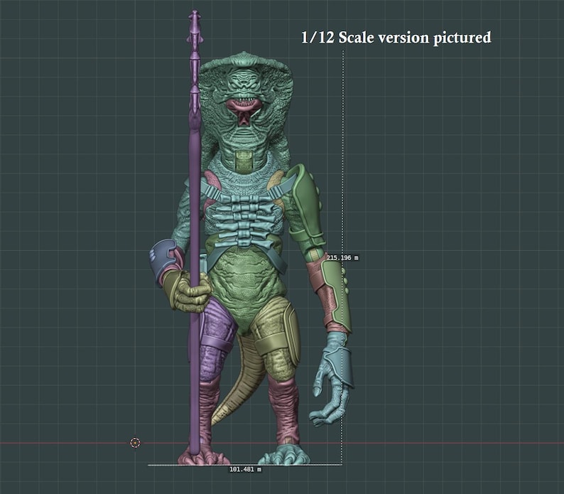 Pu&ograve; includere: Un action figure in scala 1/12 di una creatura rettiliana con cappuccio a forma di cobra, pelle verde testurizzata e un bastone viola. La figura presenta un'armatura segmentata sul petto e sugli arti, con il testo visibile 215.196 m e 101.481 m.