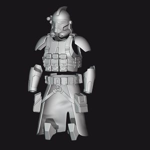 Peut inclure: Modèle gris imprimé en 3D d'une armure de soldat clone, comprenant un casque, une armure de poitrine, des épaulières, des protège-bras, une ceinture et une jupe. La conception comprend plusieurs poches et sangles.