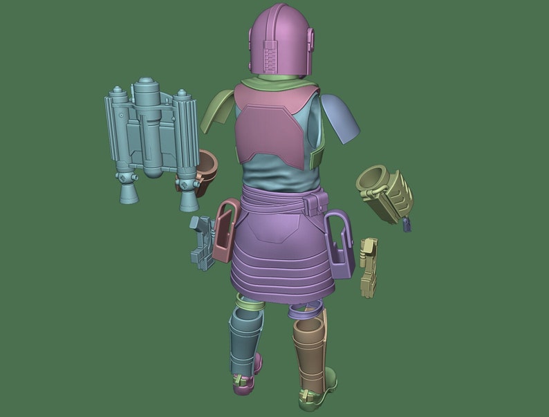 May include: A 3D printed model of a Mandalorian character from the Star Wars universe. The model is disassembled into multiple parts, including the helmet, armor, and jetpack. The model is printed in a light gray color.