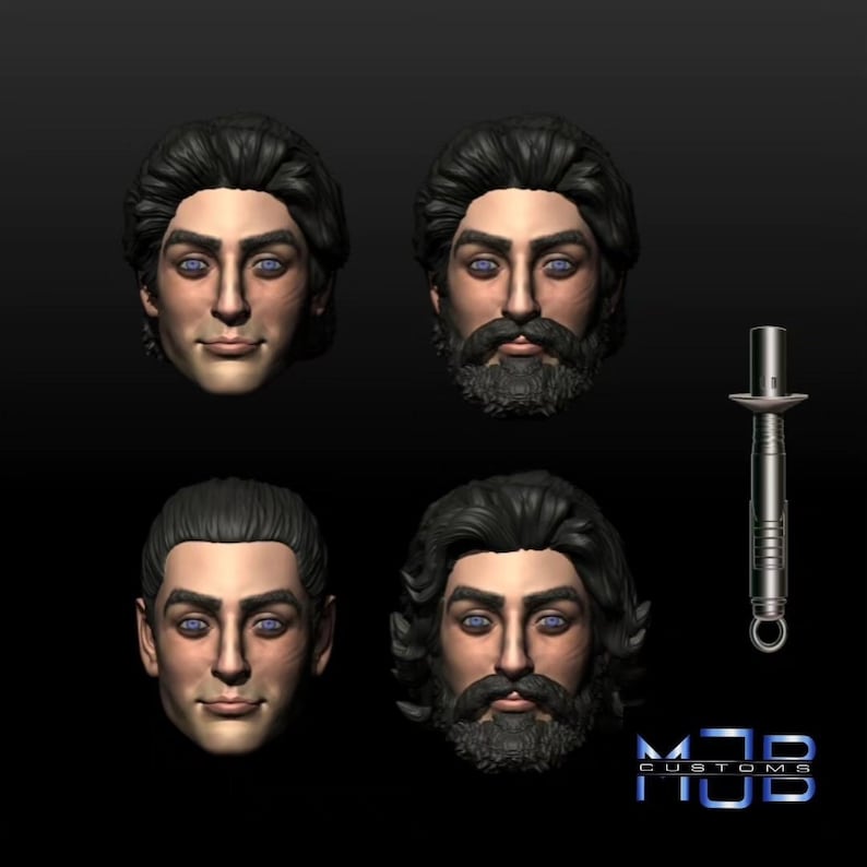 May include: Four 3D printed heads, two with beards and two without, all with blue eyes. The heads are arranged in a grid pattern. A silver metal object with a ring at the bottom is also pictured.