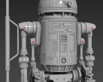 May include: A white, detailed model of a robot with a long, thin antenna. The robot has a round head with a dome-shaped top and a rectangular body with many panels and buttons.