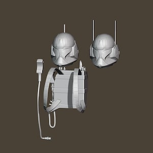 May include: A grey, 3D-rendered Mandalorian helmet and jetpack set. The helmet has a T-shaped visor and angular design. The jetpack has a rectangular body with straps and a hose. The set is displayed against a neutral background.