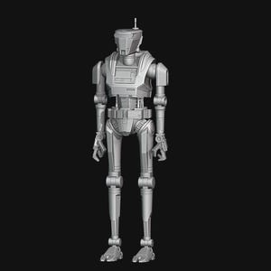 May include: A gray, metallic robot figure with a rectangular head and a slender body. The robot has articulated limbs, including arms, legs, and hands, and stands upright against a black background. The design suggests a science fiction or fantasy theme.