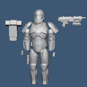 Könnte beinhalten: Ein weißes 3D-gedrucktes Modell eines futuristischen Soldaten, zerlegt in mehrere Teile. Das Modell umfasst einen Helm, einen Torso, Arme, Beine und eine Waffe.