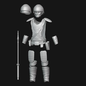 以下が含まれることがあります： グレーの、分解されたSF兵士のアーマーセット。ヘルメット、肩パッド、胸部アーマー、腕と脚のガード、槍が含まれています。暗い背景に配置され、未来的な戦闘ギアの詳細なデザインを示しています。