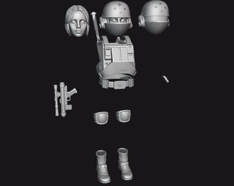 May include: A gray action figure set, featuring a female head, two helmets, a tactical vest, a blaster rifle, knee pads, and boots. The set is designed with detailed sculpting and a futuristic aesthetic, perfect for collectors or enthusiasts.
