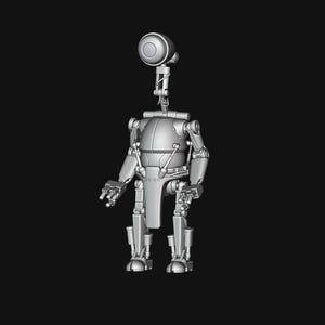 May include: A silver robot figure with a large, circular head and a thin neck. The robot has a cylindrical body, jointed arms and legs, and small, detailed hands and feet. The background is a plain black.