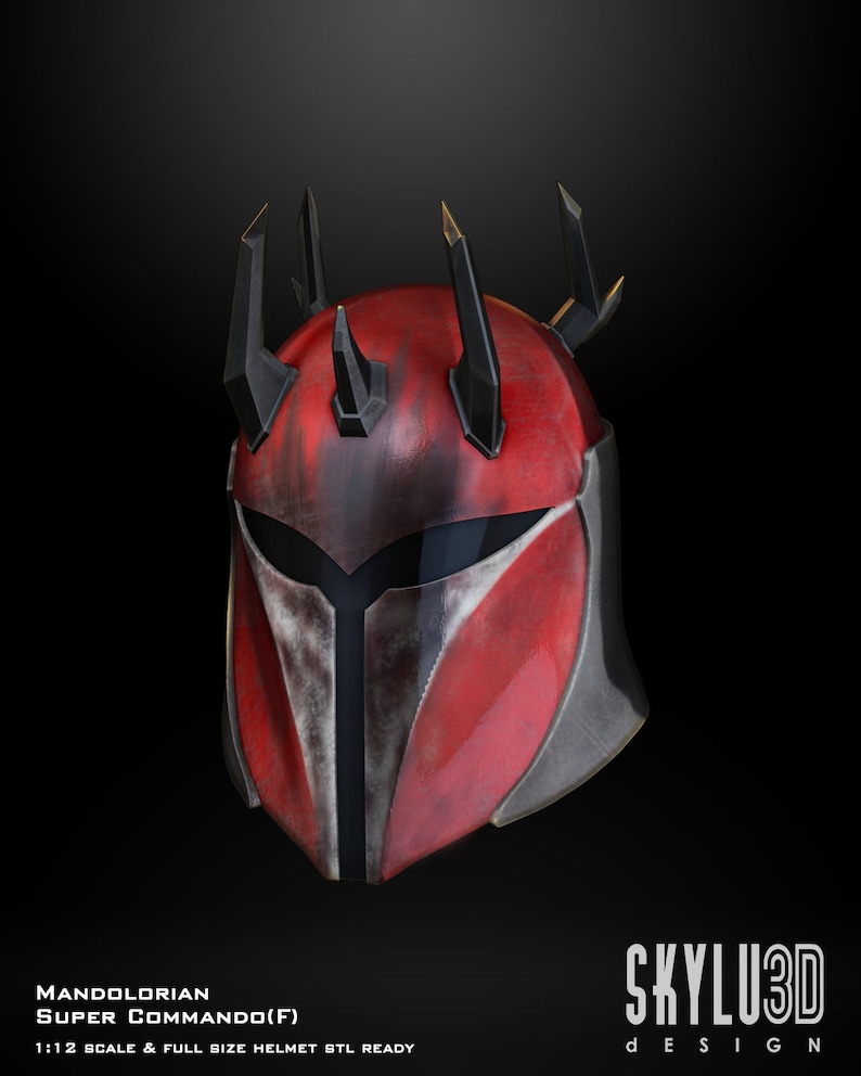 Może przedstawiać: Czerwono-czarny hełm Mandalorian Super Commando z kolczastym wzorem. Hełm jest w skali 1:12 i w pełnym rozmiarze, gotowy do wydrukowania.