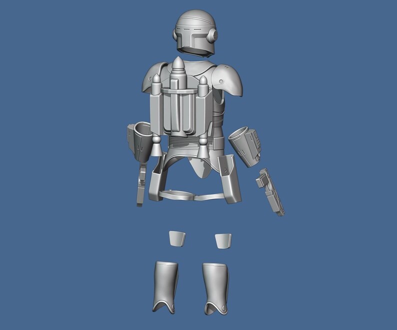 K&ouml;nnte beinhalten: Ein zerlegter Modellbausatz eines Mandalorianer-Charakters aus dem Star Wars-Universum. Der Bausatz enth&auml;lt einen Helm, einen Torso, Arme, Beine und einen Jetpack. Das Modell ist aus grauem Kunststoff.