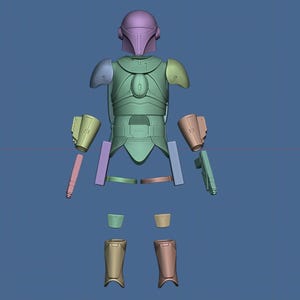 K&ouml;nnte beinhalten: Ein 3D-gedrucktes Modell eines Mandalorianer-R&uuml;stungssets, zerlegt in Einzelteile. Die R&uuml;stung besteht aus hellgrauem Kunststoff und umfasst einen Helm, einen Brustpanzer, Schulterpolster, Handschuhe, Beinschienen und einen Blaster.